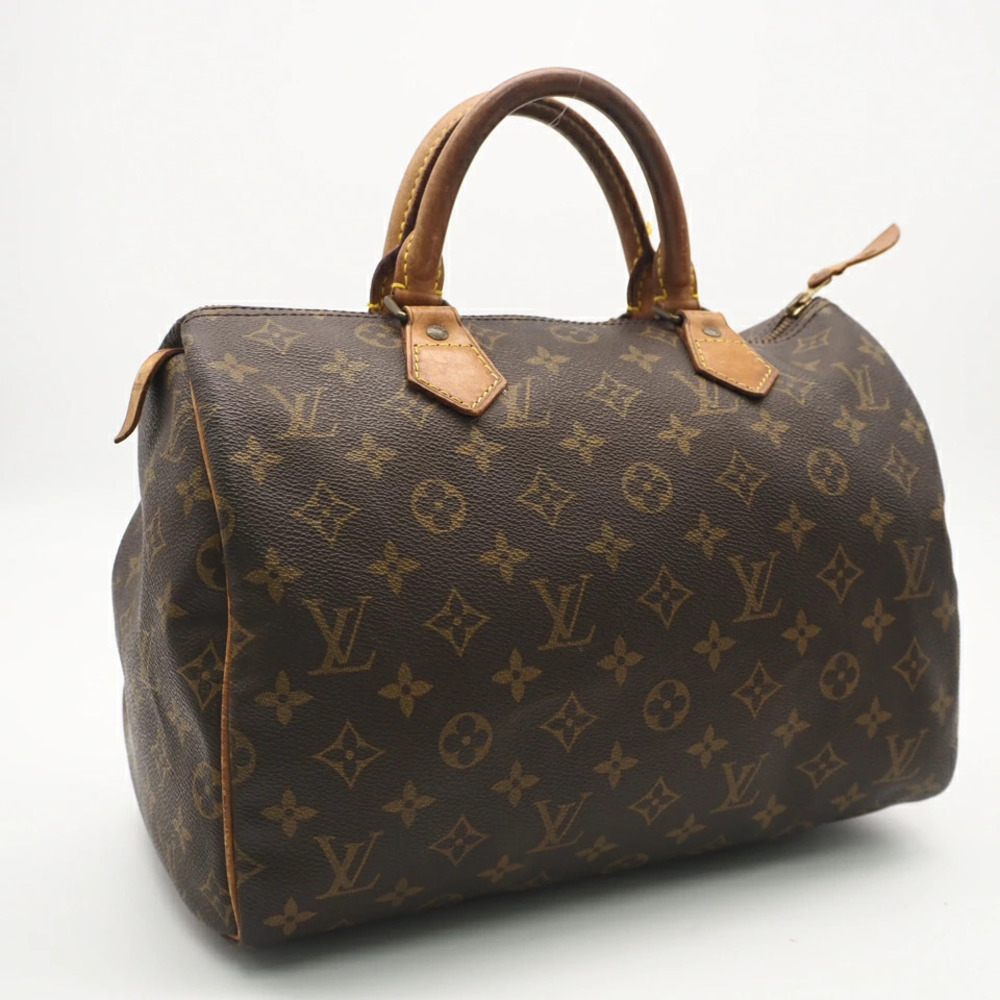 Louis Vuitton Monogram Speedy Handbag Canvas Leather Beige Brown